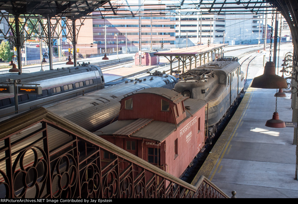 PRR 4859 and a caboose are on display at the Harrisburg Amtrak Staton. 